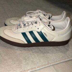 adidas Samba Low-Top Sneakers in White with Teal Stripes and Brown Sole